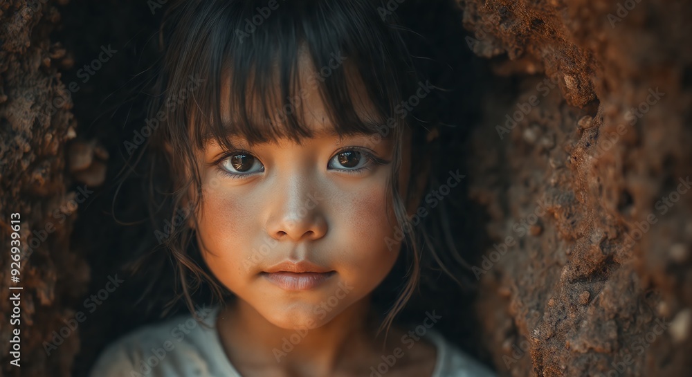 Intense portrait of a young Asian girl with piercing eyes, set against a textured background. Her serious expression conveys a sense of depth and resilience beyond her years.