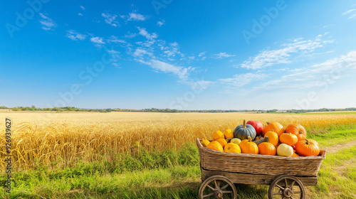 A rustic cart filled with a variety of pumpkins sits by a golden wheat field under a bright blue sky, autumn harvest photo