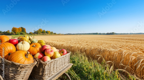 Baskets filled with pumpkins and apples sit near a golden wheat field on a clear autumn day, fall harvest season photo