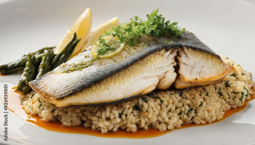 Deliciously prepared fish fillet with lemon and herbs served on a bed of rice Deliciously prepared fish fillet with lemon and herbs served on a bed of rice