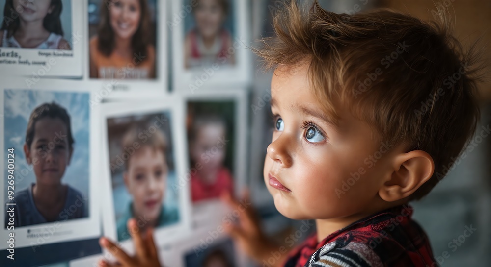 Child observing wall of portraits, suggesting early understanding of identity
Child observing wall of portraits, suggesting early understanding of identity