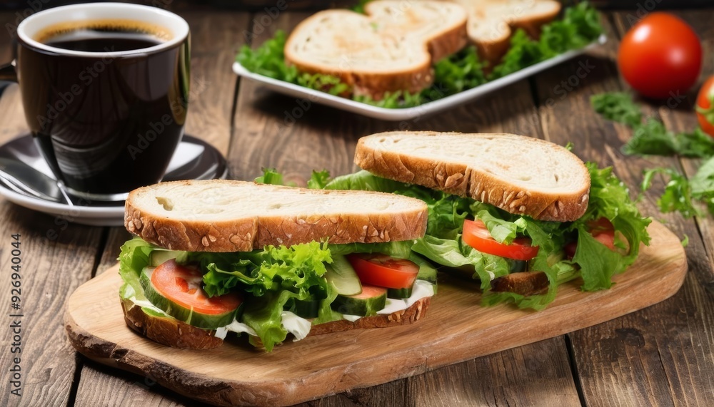 Deliciously fresh sandwich and coffee break Deliciously fresh sandwich and coffee break
