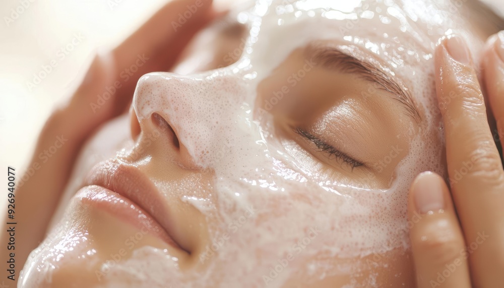 Naklejka premium Close-up of a woman applying a white facial mask.