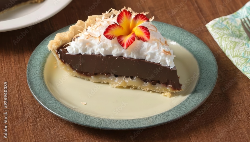 Delicious slice of pie with a vibrant flower garnish Delicious slice of pie with a vibrant flower garnish