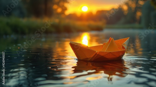 A small boat, crafted with delicate papercuts, floating on a calm river with a reflection of the sun. 