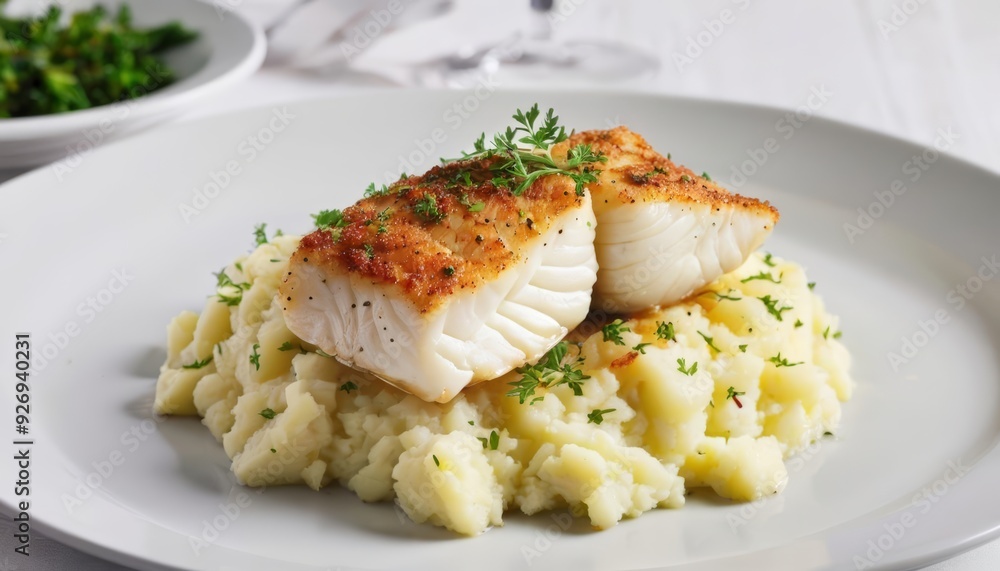 Deliciously seasoned fish fillets atop creamy mashed potatoes ready to be savored Deliciously seasoned fish fillets atop creamy mashed potatoes ready to be savored