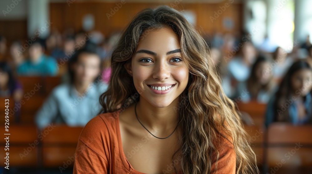 Confident Latina Female Student in Lecture Hall - Embracing University Life with a Smile Confident Latina Female Student in Lecture Hall - Embracing University Life with a Smile
