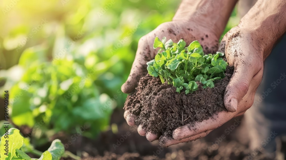 Close up of hands holding soil and young plant, representing growth and care. Close up of hands holding soil and young plant, representing growth and care.