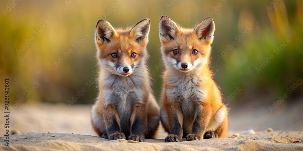 Two adorable red fox kits sitting side by side on sandy ground, red fox, kits, cute, young, wild, animals, wildlife, mammals, fur Two adorable red fox kits sitting side by side on sandy ground, red fox, kits, cute, young, wild, animals, wildlife, mammals, fur