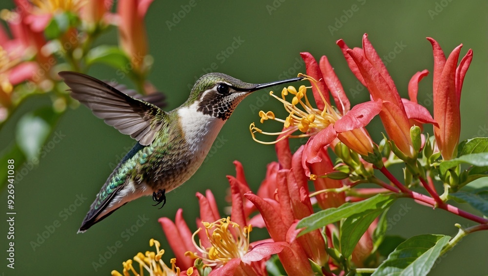 Obraz premium female Ruby Throated Hummingbird Feeding on Honeysuckle Flowers in Summer
