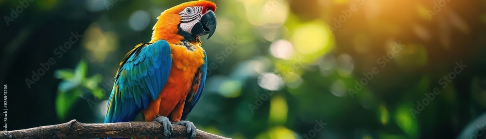 A colorful macaw perched on a branch with lush green foliage in the background. A colorful macaw perched on a branch with lush green foliage in the background.