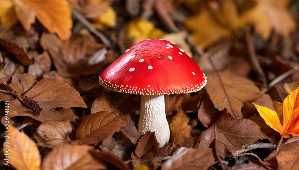 Autumns whimsy A red mushroom in the fall foliage Autumns whimsy A red mushroom in the fall foliage