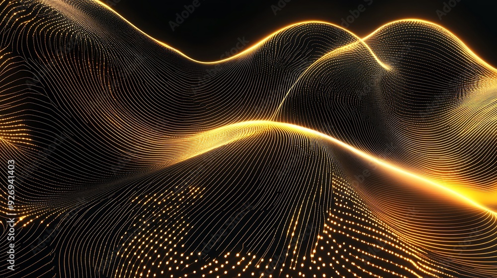 Abstract golden wave with glowing lines on black background. Abstract golden wave with glowing lines on black background.