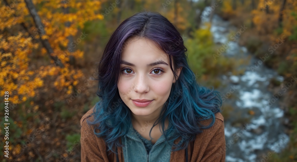 Young woman with vibrant blue and purple hair smiles joyfully outdoors, autumn foliage visible in background Young woman with vibrant blue and purple hair smiles joyfully outdoors, autumn foliage visible in background