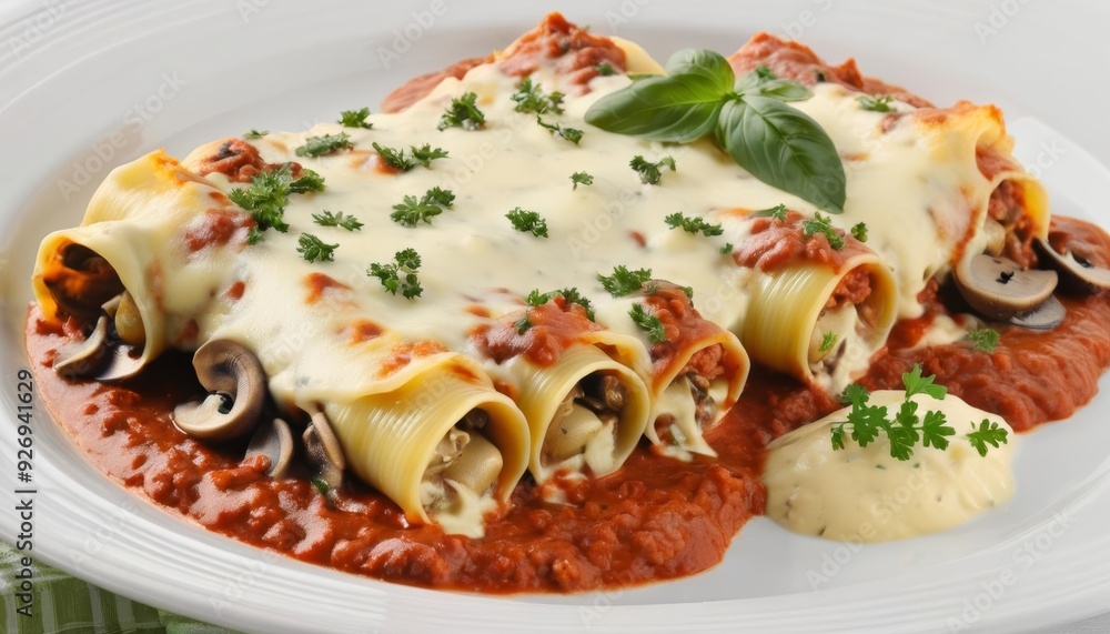 Delicious lasagna with creamy sauce and fresh herbs Delicious lasagna with creamy sauce and fresh herbs