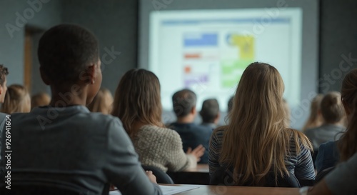 Rear view of diverse audience in business attire, focused on presentation screen showing graphs and charts
