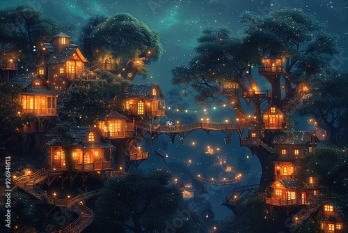 A forest of houses with lights on and a bridge in the middle