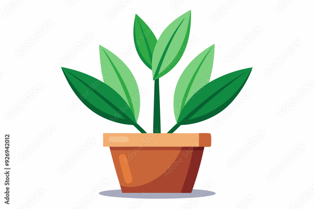 A potted plant with four green leaves in a brown pot A potted plant with four green leaves in a brown pot