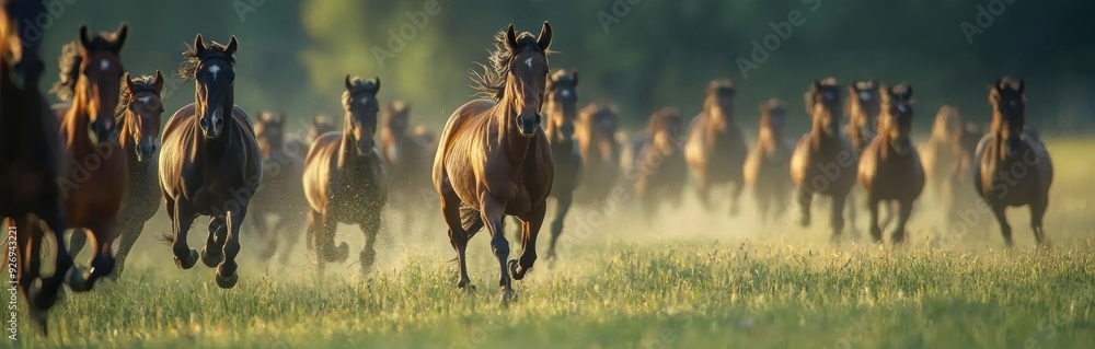 Silhouettes of a herd of horses running through a field at sunset. Silhouettes of a herd of horses running through a field at sunset.