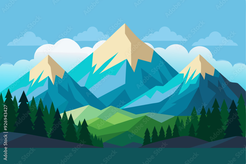 Naklejka premium Mountain Range with Green Forest and Blue Sky