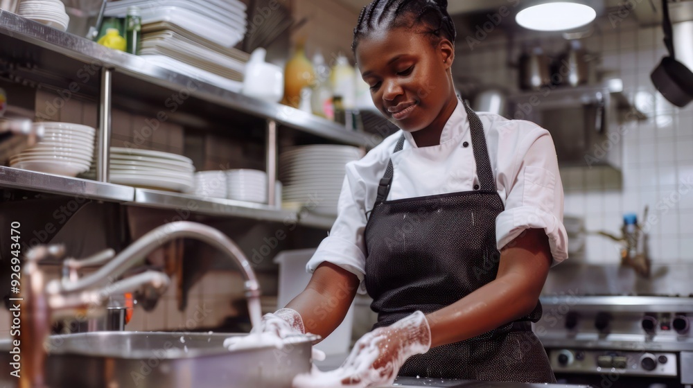 Black female chef washing hands under kitchen sink in restaurant. Black female chef washing hands under kitchen sink in restaurant.