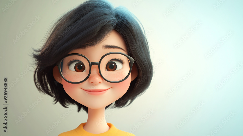 Happy 3D Cartoon Asian Woman with Glasses and Short Black Hair on Light Background
Happy 3D Cartoon Asian Woman with Glasses and Short Black Hair on Light Background