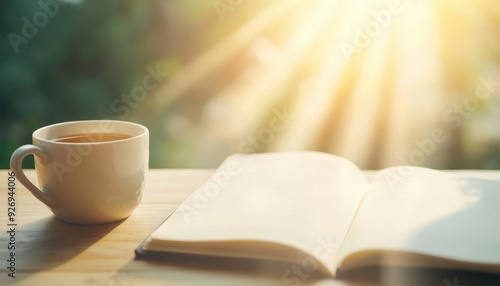 A cup of coffee and an open book on a wooden table with sunlight streaming in through a window.