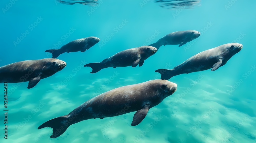A serene underwater scene featuring a group of manatees gracefully swimming in crystal-clear ocean water.