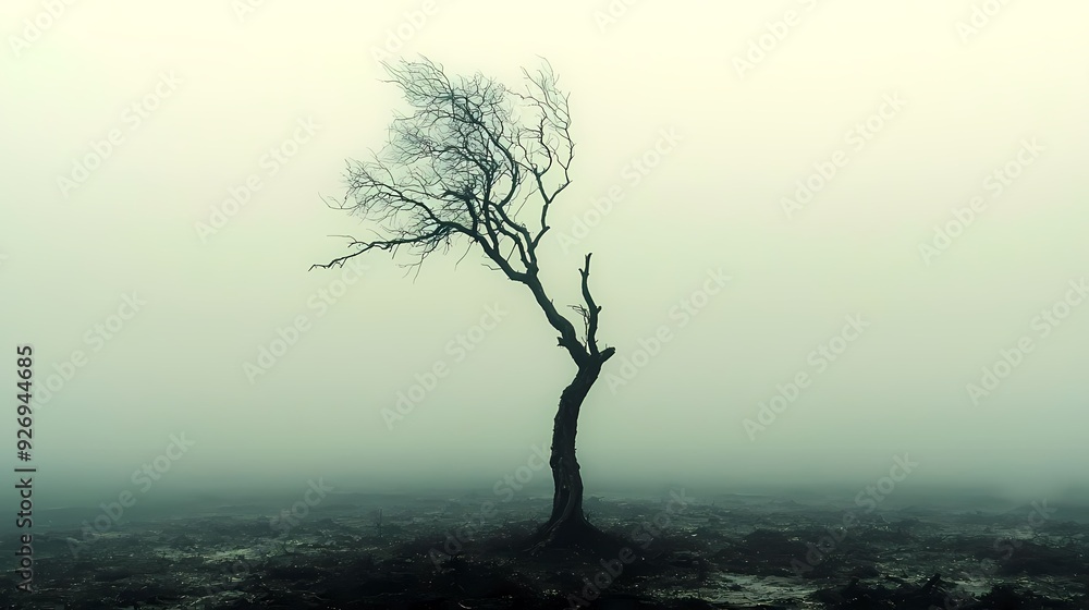 A solitary, gnarled tree emerges from a dense fog, creating a haunting and atmospheric landscape in muted tones. A solitary, gnarled tree emerges from a dense fog, creating a haunting and atmospheric landscape in muted tones.