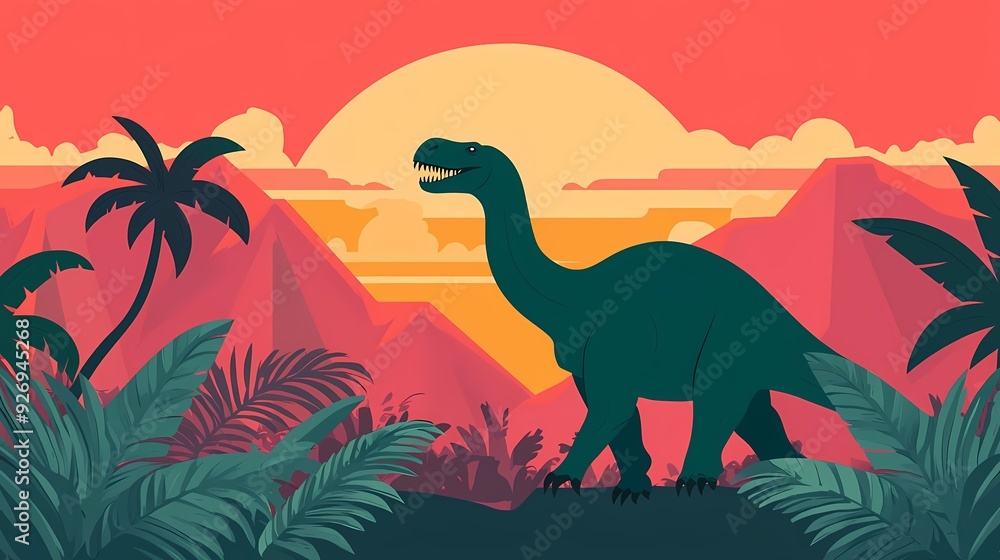 Fototapeta premium A vibrant silhouette of a dinosaur against a colorful sunset, surrounded by exotic plants and mountains in a prehistoric landscape.