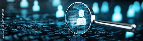 A magnifying glass focuses on a digital representation of a person, symbolizing data analysis and identity verification.