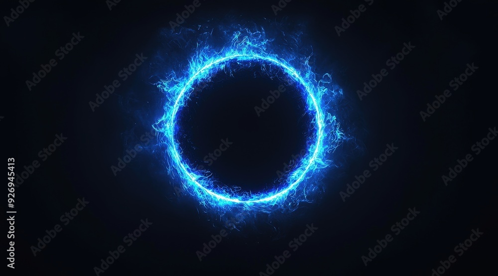 Blue Energy Ring With Fiery Glow On Dark Background Blue Energy Ring With Fiery Glow On Dark Background