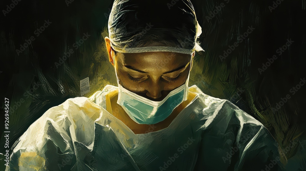 A focused medical professional in surgical attire, conveying determination and care. image captures essence of dedication in healthcare. A focused medical professional in surgical attire, conveying determination and care. image captures essence of dedication in healthcare.