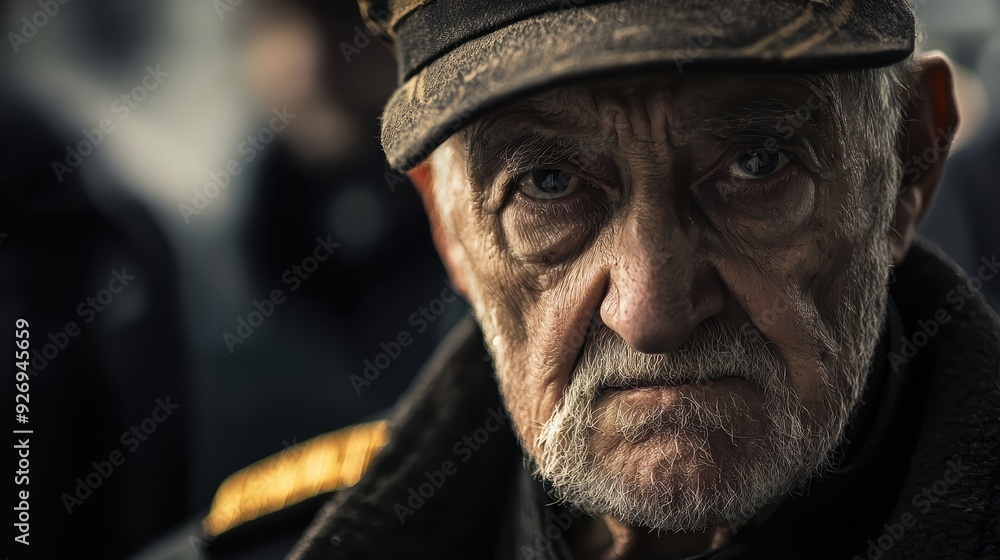 An elderly man with stern expression, wearing military style cap, conveys sense of wisdom and experience. His intense gaze reflects deep emotions. An elderly man with stern expression, wearing military style cap, conveys sense of wisdom and experience. His intense gaze reflects deep emotions.
