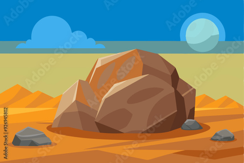 Large Rock in a Desert Landscape with a Moon