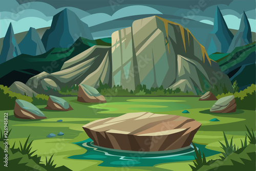 Mountainous Landscape with a Stream and Large Rock Formations