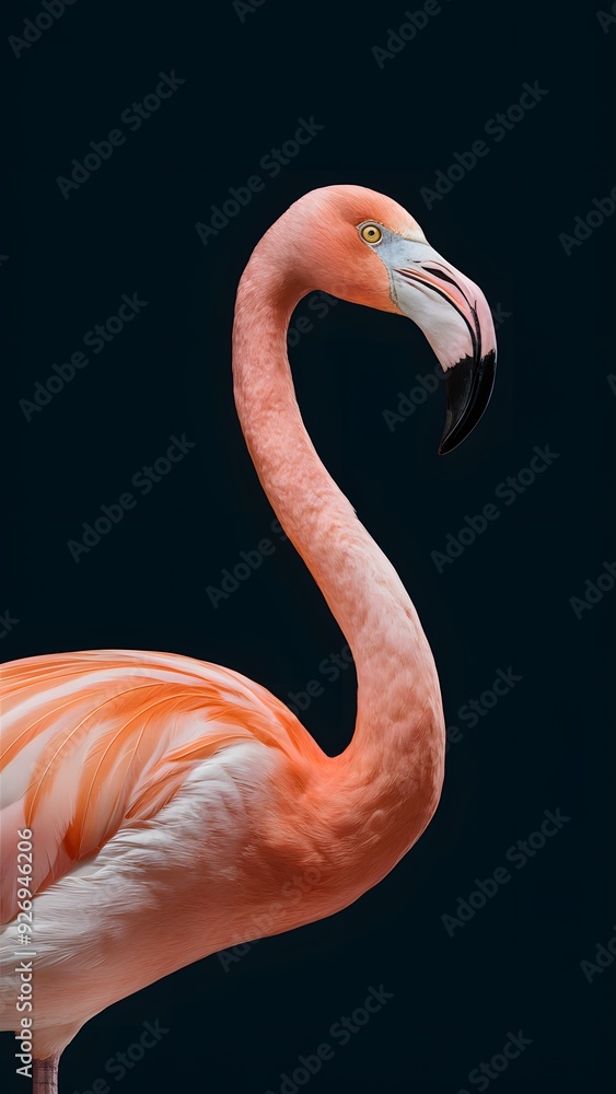 Fototapeta premium Lesser Flamingo, on Black Background, Pattern, Wallpaper, Cover and Screen for Smartphone, Cell Phone, Computer, Laptop, 9:16 and 16:9 Format