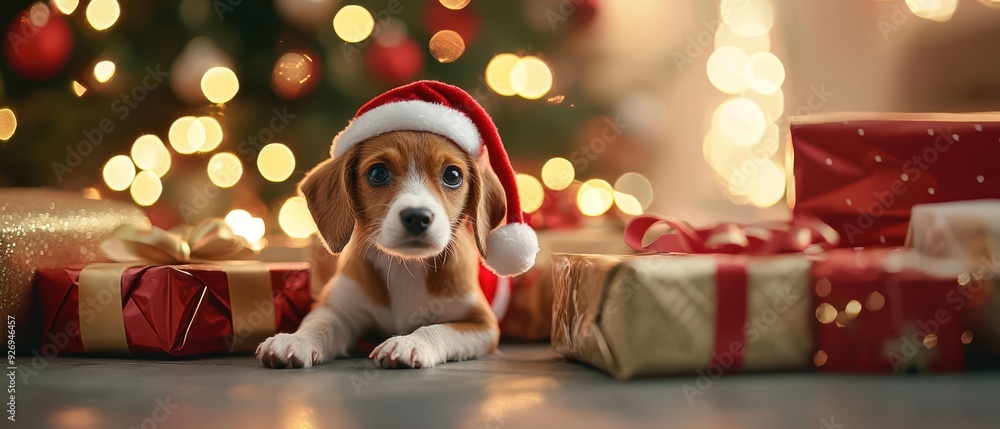 Cute beagle puppy wearing a Santa hat next to Christmas presents. Cute beagle puppy wearing a Santa hat next to Christmas presents.