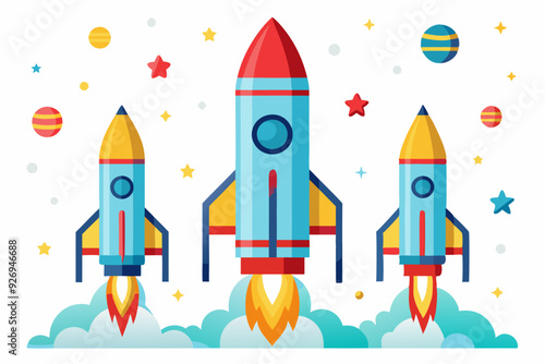 Three Cartoon Rockets Launching into Space