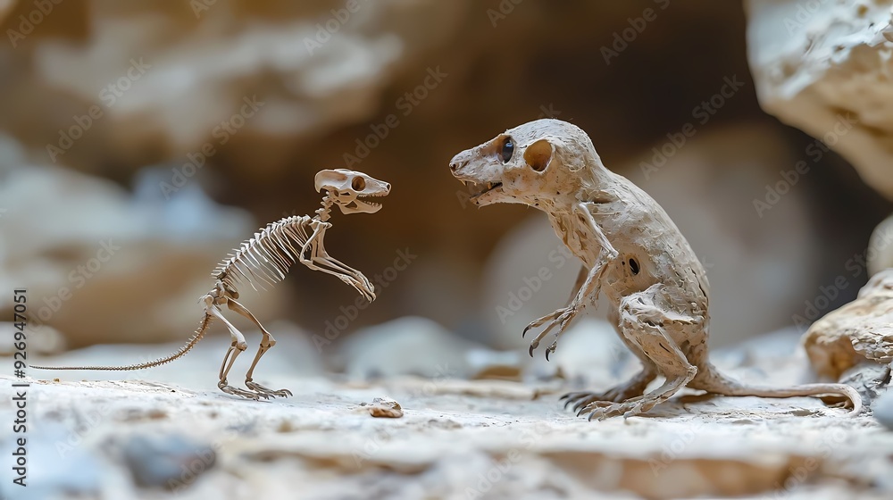 A captivating scene of a lizard and its skeleton, highlighting evolution and the connection between life and death in nature.