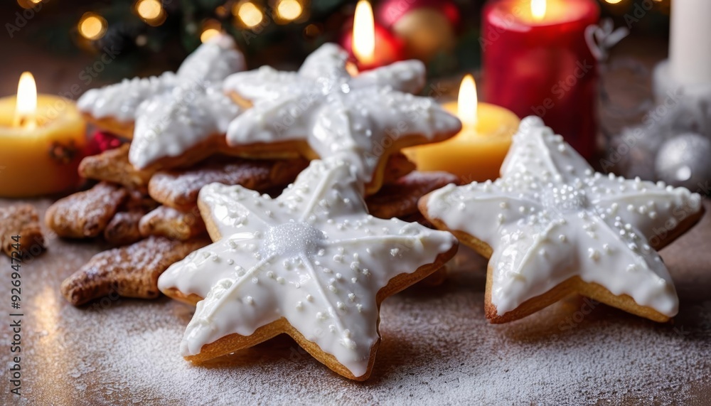 Sweet Christmas Starshaped cookies and festive candles Sweet Christmas Starshaped cookies and festive candles