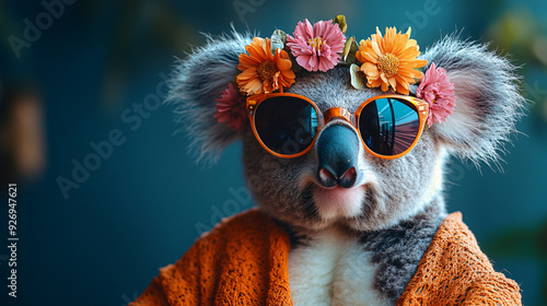 A koala wearing sunglasses and a flower headband, perfect for birthday party invites or vibrant advertisement campaigns. photo