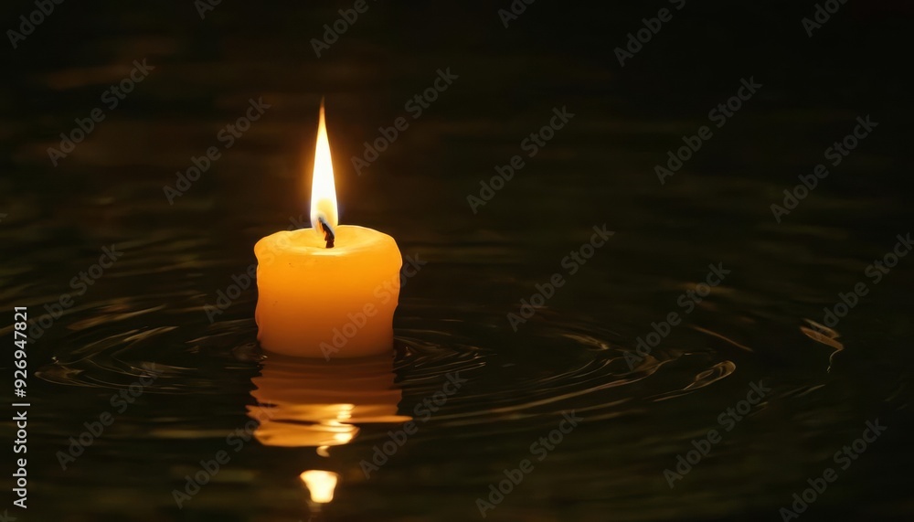 Glowing candle in tranquil water Glowing candle in tranquil water