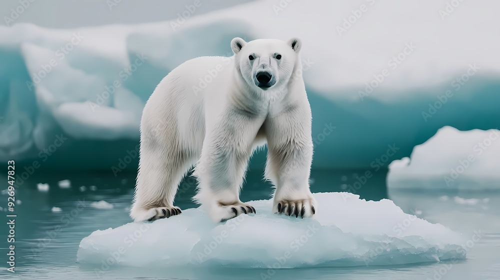 A majestic polar bear stands on an ice floe, showcasing its stunning white fur against a backdrop of icy waters. A majestic polar bear stands on an ice floe, showcasing its stunning white fur against a backdrop of icy waters.
