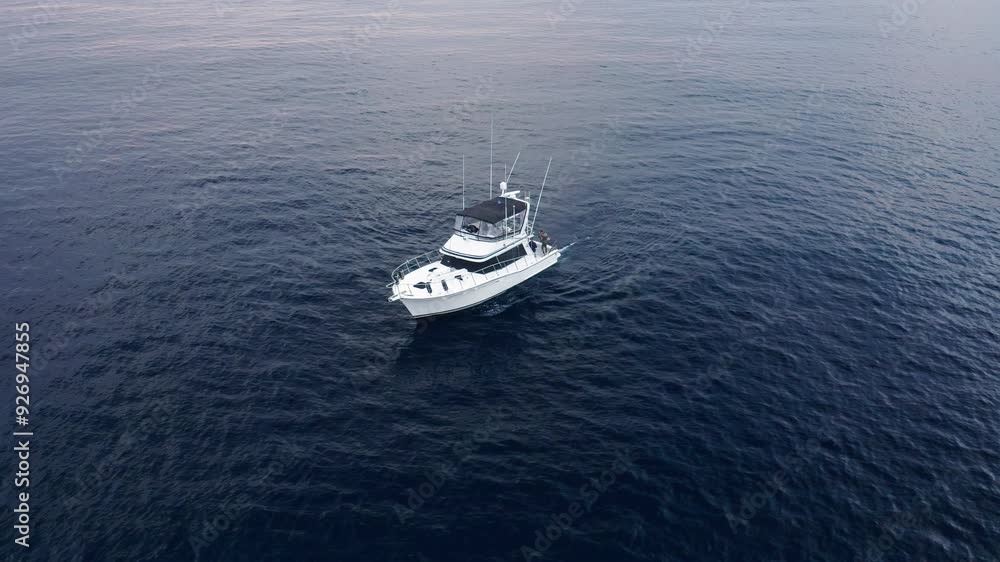 Tilting down above the deep blue sea, tracking a fishing boat with freedivers aboard Tilting down above the deep blue sea, tracking a fishing boat with freedivers aboard