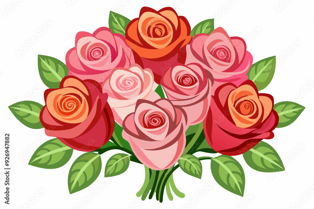 Fototapeta premium Bouquet of Pink and Orange Roses with Green Leaves