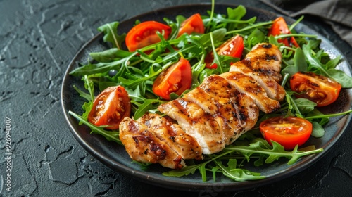 Grilled Chicken Salad with Cherry Tomatoes and Arugula