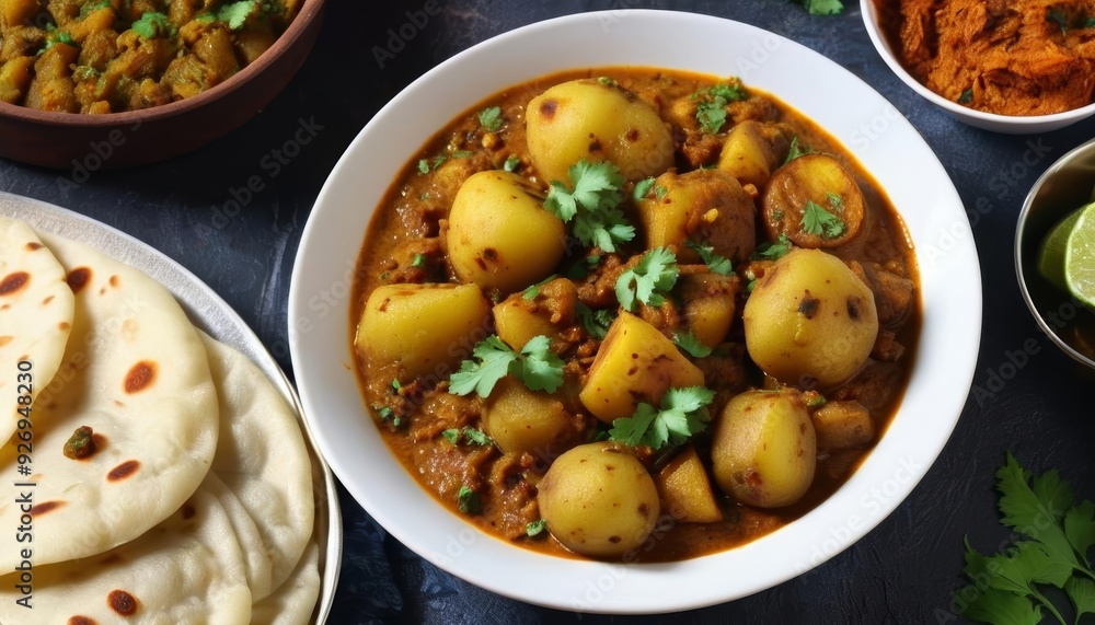 Delicious Indian feast with curry and naan bread Delicious Indian feast with curry and naan bread