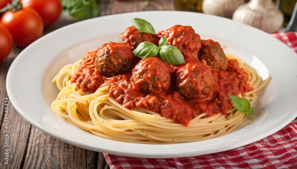 Delicious pasta dish with meatballs and fresh basil Delicious pasta dish with meatballs and fresh basil