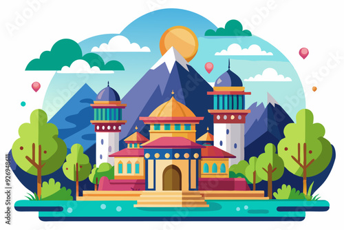 A mosque with minarets surrounded by trees, mountains, and a sun